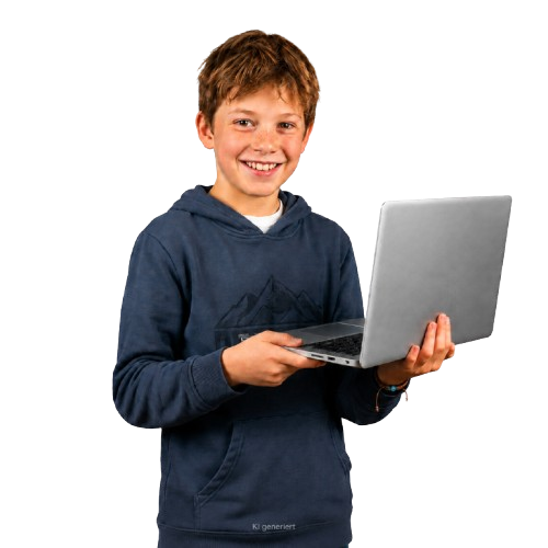 Junge programmiert lächelnd am Laptop im Online-Kurs